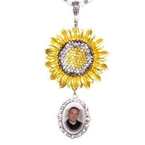 Rearview Mirror Memorial Photo Charm Sunflower Yellow Crystal Gems Pearls Silver